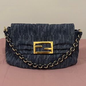 FENDI Blue Denim Zucca Print Mia Flap Bag